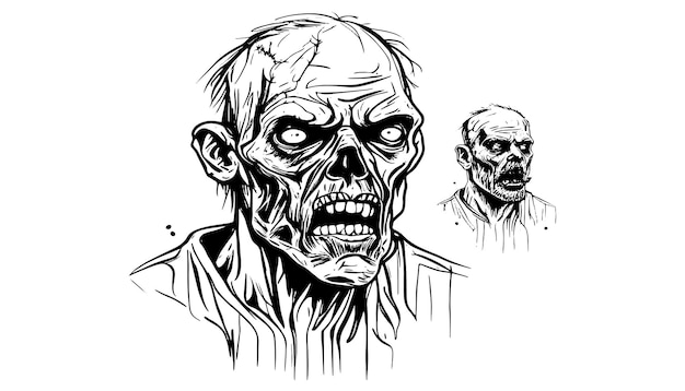 Zombie head vector illustration sketch, drawn with black lines, isolated on white background, for halloween holiday