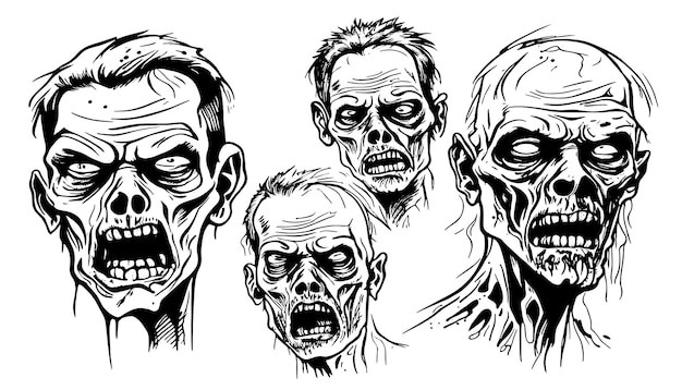 Vector zombie head vector illustration sketch, drawn with black lines, isolated on white background, for halloween holiday