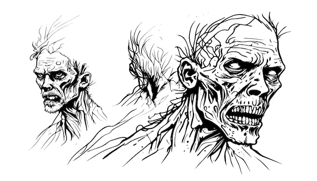 Vector zombie head vector illustration sketch, drawn with black lines, isolated on white background