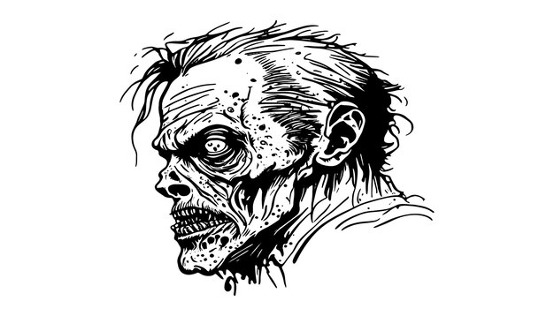 Иллюстрационный эскиз векторной головы зомби, нарисованный черными линиями, изолированный на белом фоне
