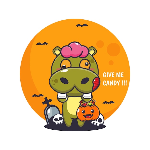 zombie hippo want candy cute halloween cartoon illustration