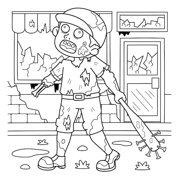 Vector zombie holding a baseball bat coloring page
