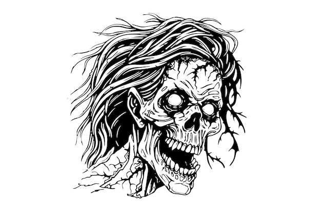 Zombie hoofd of gezicht ink schets Walking dead hand tekenen vectorillustratie