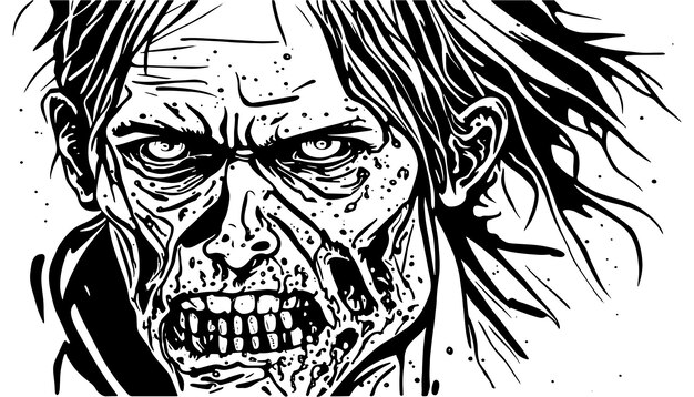 Zombie hoofd vector illustratie schets, getekend met zwarte lijnen, geïsoleerd op witte achtergrond, voor Halloween vakantie