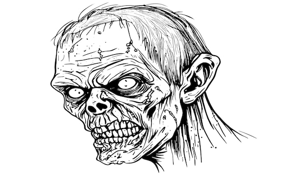 Zombie hoofd vector illustratie schets, getekend met zwarte lijnen, geïsoleerd op witte achtergrond
