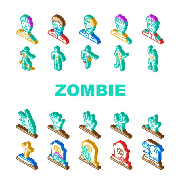 Vector zombie horror dood monster iconen set vector halloween eng hand dood ondode silhouet graf man angst nachtmerrie nacht zombie horror dood monster isometrisch teken illustraties