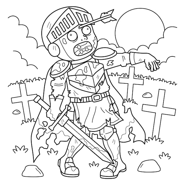 Vector zombie knight coloring page for kids