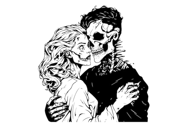 Zombie love match pair hand drawn ink sketch Woman and man zombies Engraved style vector