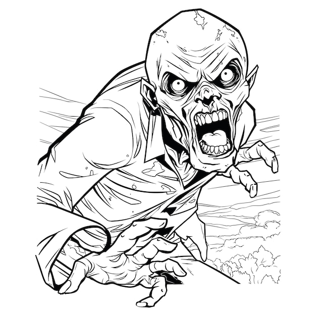 Zombie man standing scary character line art vector illustration cartoon style coloring page