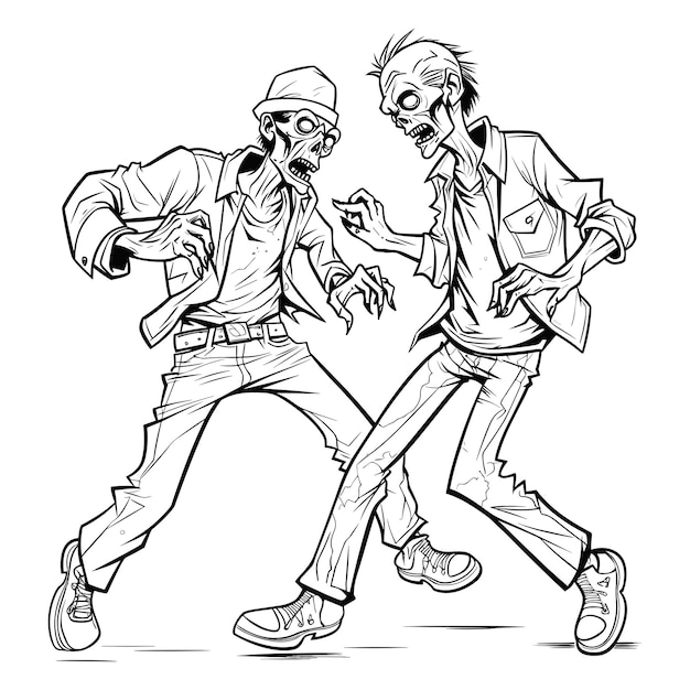 Vector zombie men dancing line art vector illustration cartoon style