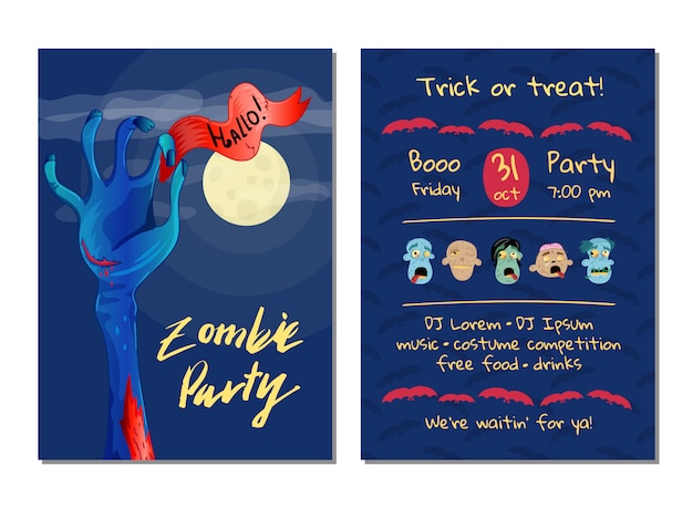 Zombie party invitation card with blue monster hand