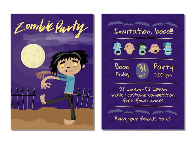 Zombie party invitation card with walking dead man