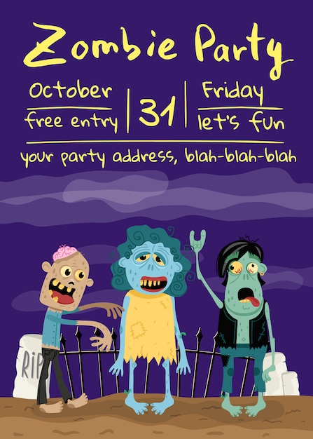 Zombie party poster with monster group in cemetery