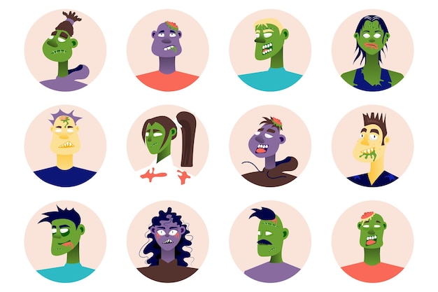 Vector zombie people avatars isolated set undead men and women with different spooky monster face looks