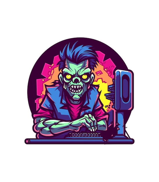 Zombie playing game in pc monitor laptop illustration