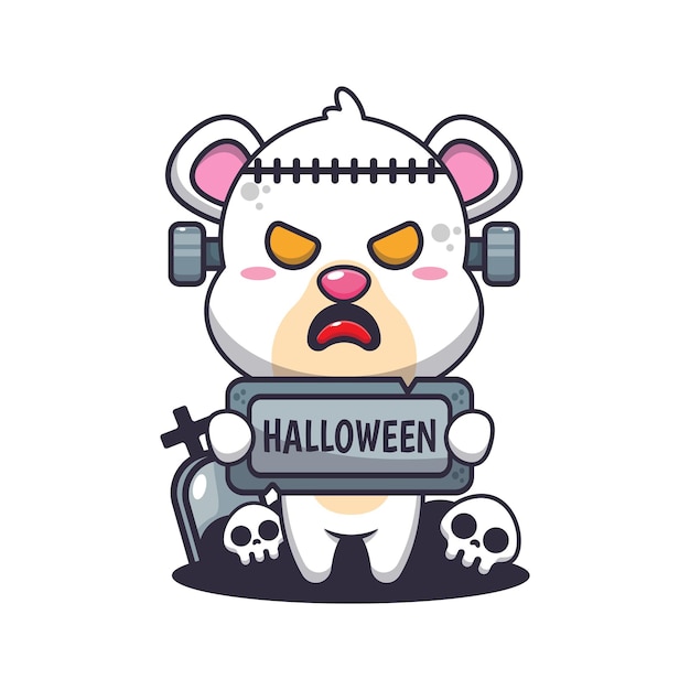 Vector zombie polar bear holding halloween greeting stone