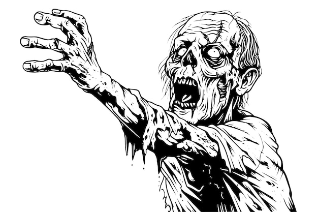 Vector zombie pulls his arm ink sketch walking dead hand drawing vector illustration