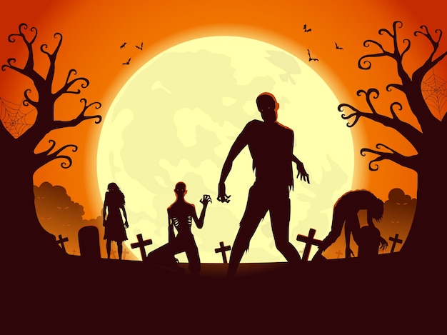 Resurrezione di zombi dalla tomba nella notte di luna piena e furia. illustrazione di sagome per tema festa di notte di halloween.