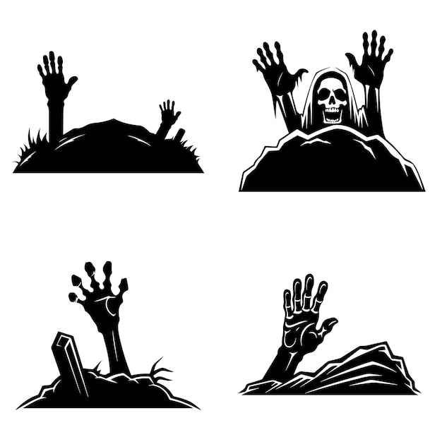 Vettore le mani dello zombie che sporgono dalla tomba collezione di elementi di silhouette di halloween dei cartoni animati