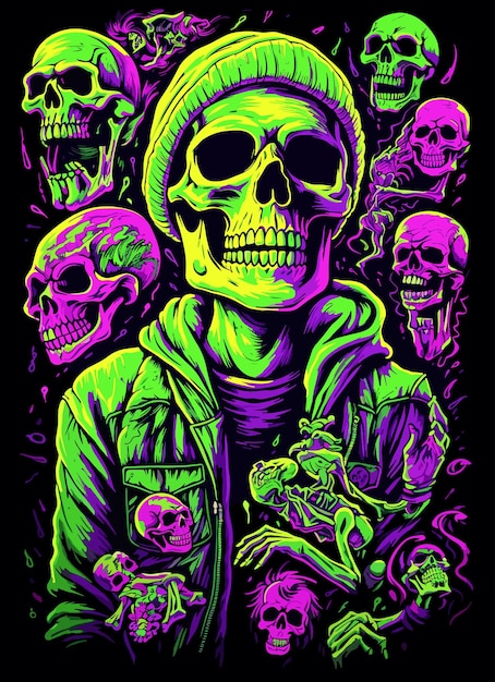 Vector zombie skull design tshirt design psychedelic