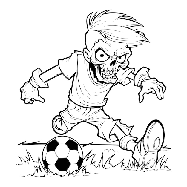 Zombie speelt voetbal lijn kunst vector illustratie cartoon stijl kleurplaat