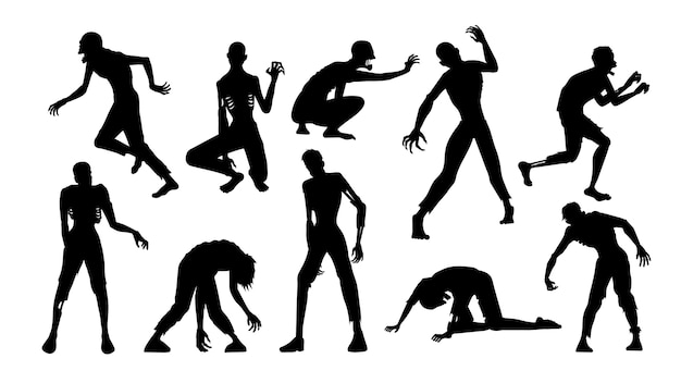 Zombie staan, rennen, lopen en andere poses in de collectie in silhouette-stijl. volledige lengte van mensen opgewekt uit de doden op wit wordt geïsoleerd.