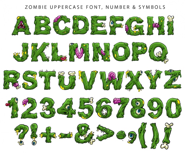 Vector zombie uppercase font, numbers and symbols