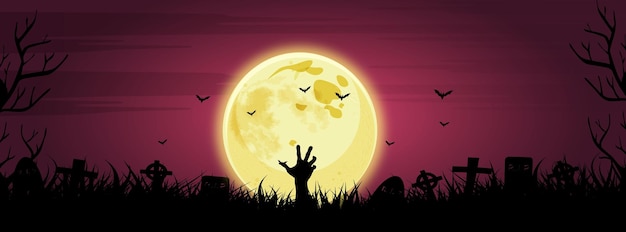 Zombiehand die uit een kerkhof oprijst in spookachtige volle maannacht facebook cover