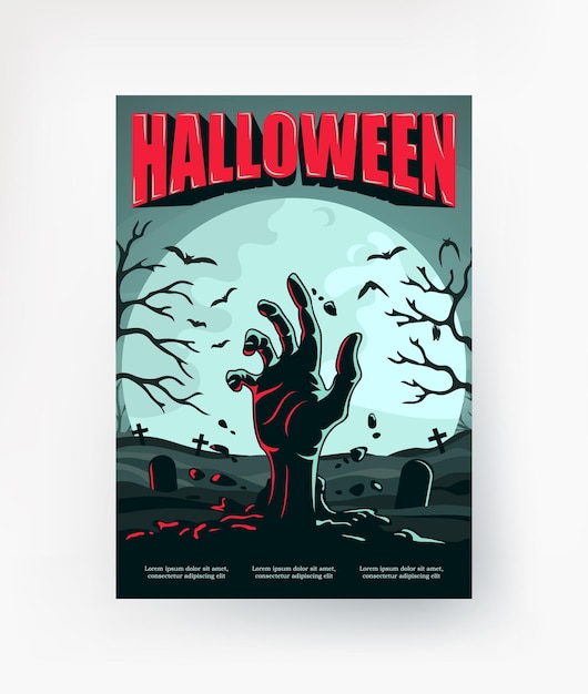 Zombiehand op de achtergrond van de maan. een affiche voor halloween. vector.