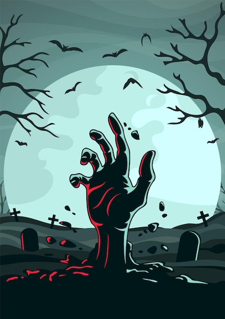 Zombiehand op de achtergrond van de maan. Halloween. Vector.