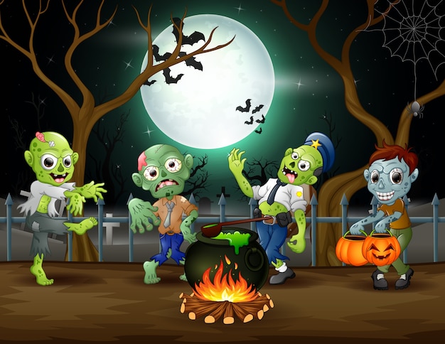 Zombies cartoon kookt een drankje op de halloween-avond