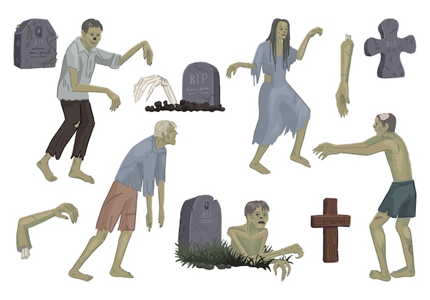 Vector zombies en grafstenen instellen wandelende dode mensen kruipen uit graven halloween vector illustratie in cartoon stijl enge monsters collectie geïsoleerd op wit