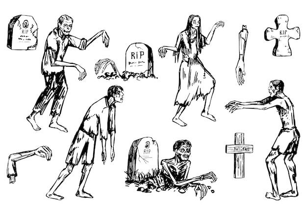 Vector zombies and tombstones set walking dead people crawling out of graves halloween hand drawn vector illustration in retro style scary monsters sketches collection isolated on white