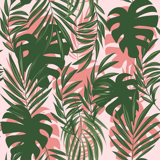 Vector zomer abstract naadloos patroon met kleurrijke tropische bladeren en planten op een delicate achtergrond