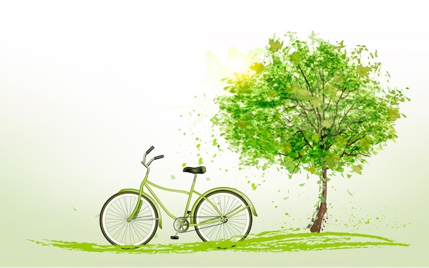 Zomer achtergrond met een groene boom en een fiets. Vector.