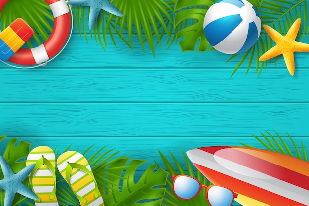 Zomer achtergrond vectorbannerontwerp met kleurrijke 3D-strandelementen