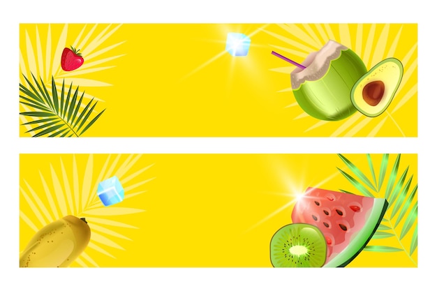 Zomer banner set groene kokosnoot watermeloen schijfje kiwi mango