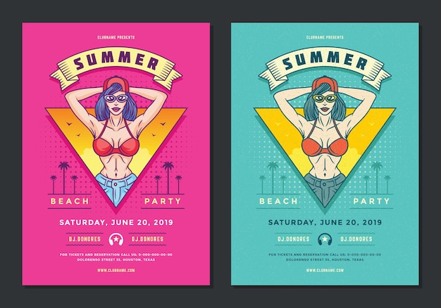 Zomer beach party flyer of poster sjabloon jaren 90 pop-art stijl