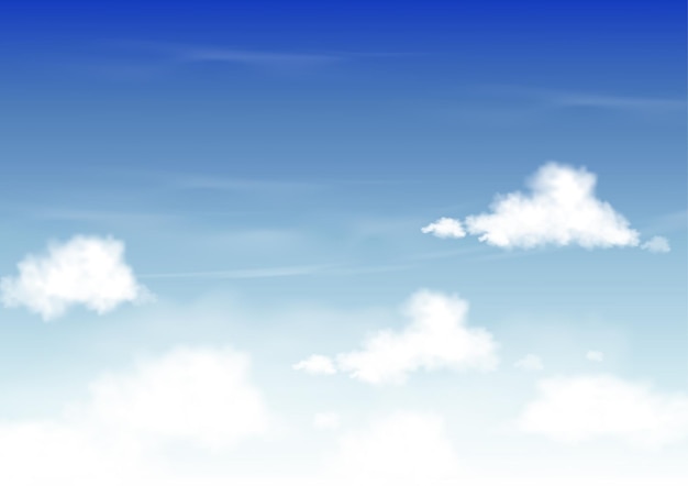 Vector zomer blauwe hemel met witte wolken, horizon lente ochtend skyline