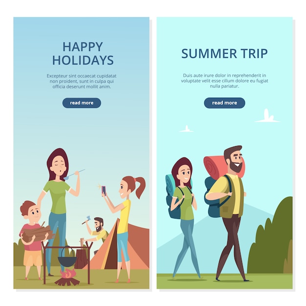 Zomer camping banners. familie-uitstapje en reizen illustratie