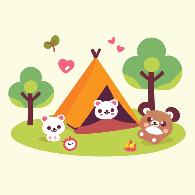 Zomer camping bos tent uitrusting hand getekend plat stijlvolle cartoon sticker icoon concept geïsoleerd