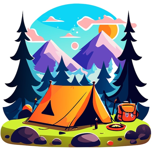 Vector zomer camping bos tent uitrusting hand getekend plat stijlvolle cartoon sticker icoon concept geïsoleerd