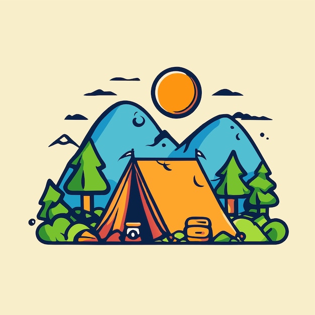 Zomer camping bos tent uitrusting hand getekend plat stijlvolle cartoon sticker icoon concept geïsoleerd