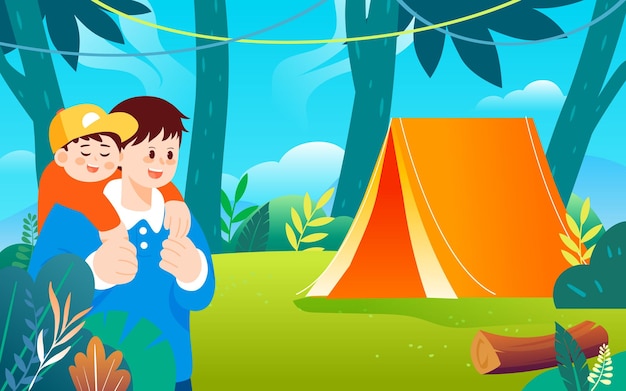 Zomer camping buiten familie picknick feest op gras tent vectorillustratie