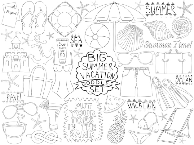 Zomer doodles set doodle zomervakantie reizen eenvoudige schetsen tropische oceaan strandresort