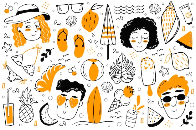 Zomer doodles set. Vector illustratie. Zomer set dameskleding, schoenen. Zee, zon, fruit, eten, drinken.