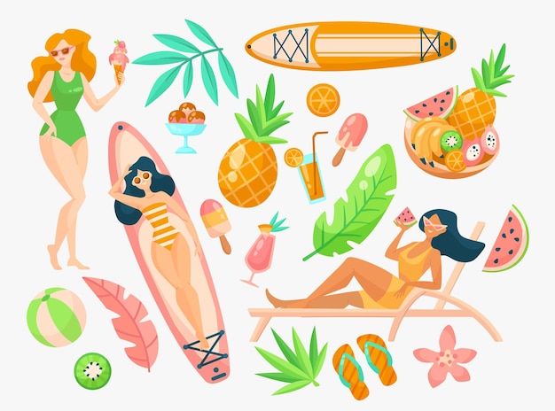 Zomer elementen en vrouwen in zwemkleding vector illustraties set. Meisjes op het strand eten tropisch fruit en ijs, surfplanken, bladeren op een witte achtergrond. Zomer, vakantie, voedselconcept