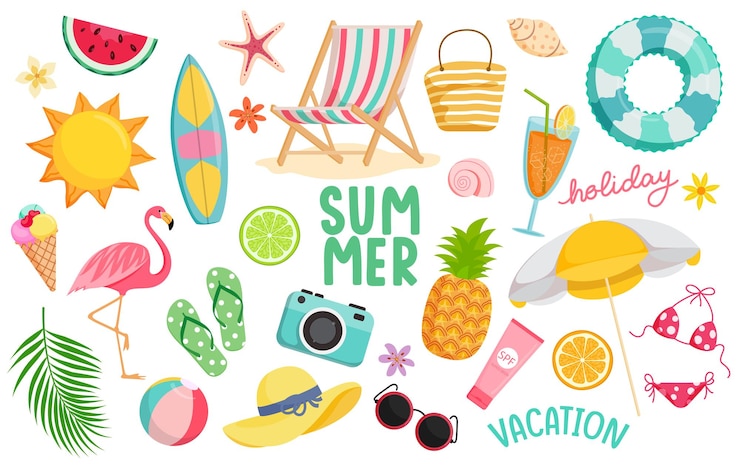 Vector zomer elementen icoon clipart set zomer grafisch element kleurrijke clip art zoals flamingo zon stoel
