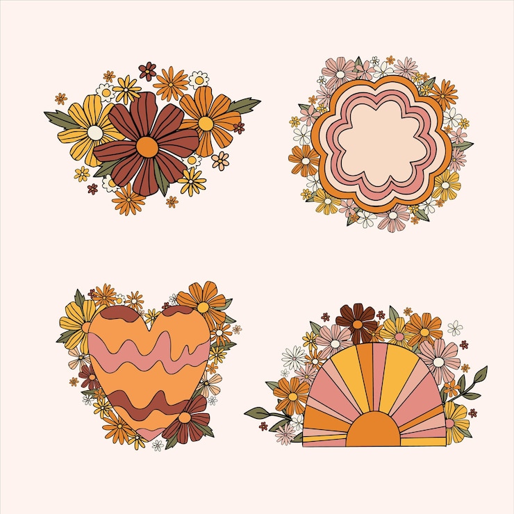 Vector zomer en herfst set met schattige doodle bloemen moderne floristiek vector illustratie bloemen met ranbow en harten voor print kaart uitnodiging