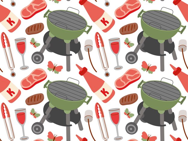 Vector zomer en lente picknick naadloos patroon accessoires voor grill voedsel en dranken illustratie